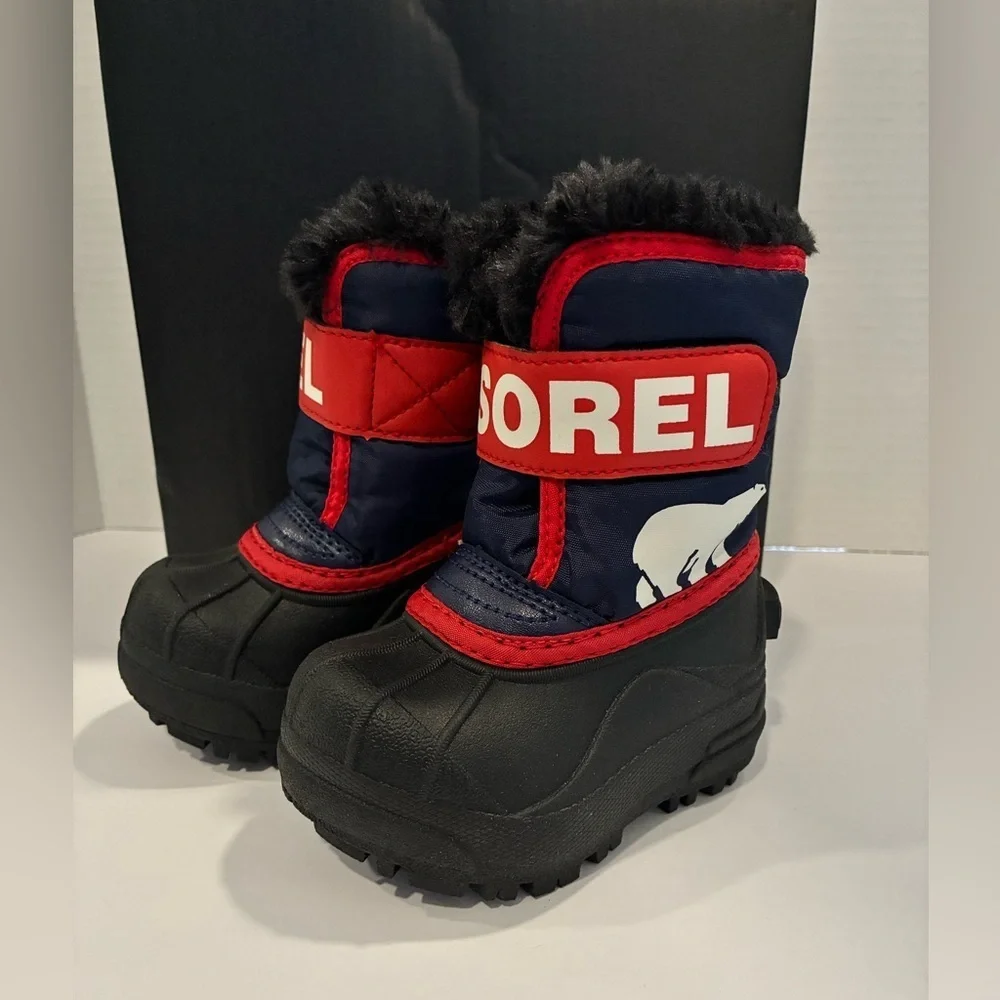 NIB Sorel Toddler Insulated Snow Commander Boots Red/Blue w/Black Soles; Size 4
